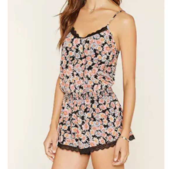 Floral Lace-Trim Romper - Picture 1 of 3
